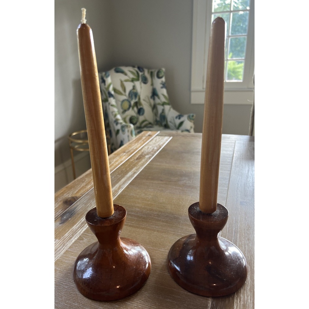 2 Wooden Candles And Candlesticks Handmade‎ Tapers Vintage